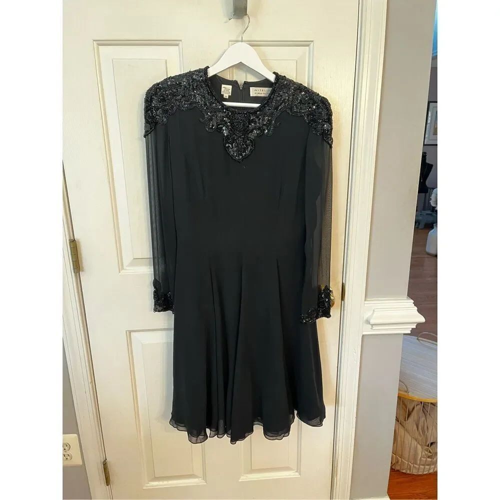 Niteline by Della Roufogali Black Silk & Sequined Sheer Long Sleeve Swing Dress